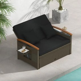 Sofá-cama de rattan para exterior com apoio para os pés com arrumação Encosto ajustável em 4 níveis e tabuleiros laterais retrácteis Castanho/preto