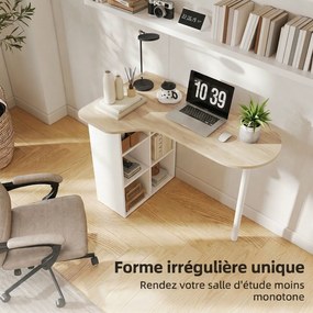 Secretária de Computador Irregular, 100 x 59 x 75,5 cm, 6 Prateleiras Ajustáveis, Branco e cor Carvalho