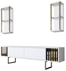 Móvel de TV "Gold" com 2 Prateleiras de Parede – Branco e Dourado - 18