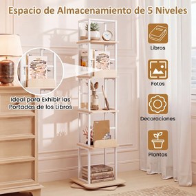 Estante Giratória para Livros de 5 Níveis, 40 x 40 x 148,5 cm, Rotação de 360°, Carvalho Branco