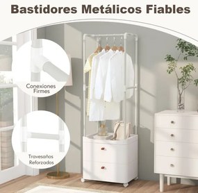 Guarda Roupa com 2 Gavetas Rodas Barra de Pendurar 4 Ganchos para Hall de Entrada Quarto Vestiário Branco