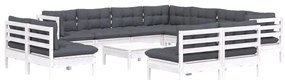 12 pcs conj. lounge de jardim c/ almofadões pinho maciço branco