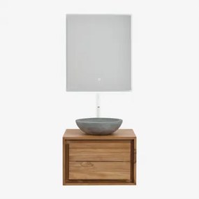 Conjunto De Móvel De Casa De Banho Suspenso Em Madeira De Teca Jabari Madeira De Teca & Cimento Cinzento Redondo Ø40 Cm Tarsis & Led - Sklum