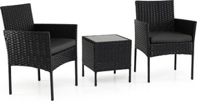 Conjunto de móveis de jardim de 3 peças em rattan com 2 cadeiras e Mesa auxiliar de vidro para terraço, pátio ou varanda Preto
