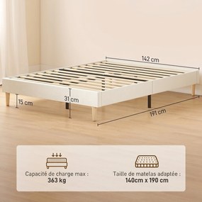 Estrutura de Cama de Casal, 191 x 142 x 31 cm (COLCHÃO NÃO INCLUIDO), Estofada em Veludo Cotelê, Creme