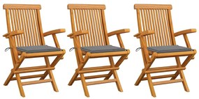 Cadeiras de jardim c/ almofadões cinzentos 3 pcs teca maciça