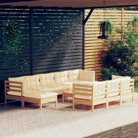 vidaXL 11 pcs conjunto lounge jardim c/ almofadões creme pinho maciço