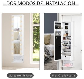 HOMCOM Espelho com Móvel de Bijuterias de Parede ou Porta Armário Guarda Jóias com 18 Luzes LED Altura Ajustável e Prateleira Aberta Organizador de Jóias 31,7x13,4x130cm Branco