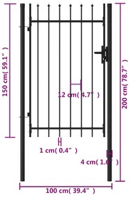 Portão de vedação individual topo em espeto aço 1x1,5m preto