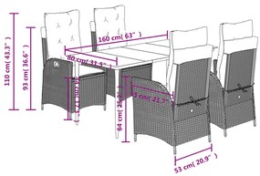 5 pcs conjunto de jantar p/ jardim c/ almofadões vime PE preto