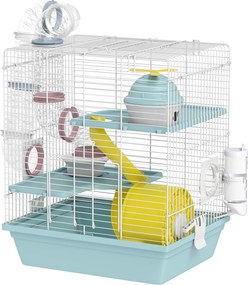 Gaiola para hamsters 34,5 x 27,5 x 41 cm, gaiola para roedores de 3 níveis, com roda de exercício, túnel de brincar, comedouro, casinha, azul