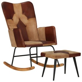 Cadeira baloiço c/ apoio de pés couro genuíno e lona castanho