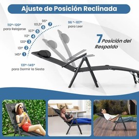 Espreguiçadeira de jardim reclinável Encosto portátil ajustável em 7 posições Carga 150 kg para piscina, Varanda, jardim Preta