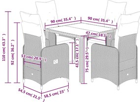 5 pcs conjunto bistrô de jardim c/ almofadões vime PE cinza
