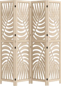 Biombo de interior em madeira com 4 painéis, 160 x 170 cm, dobrável e portátil, com padrão de folhas, design removível, madeira natural