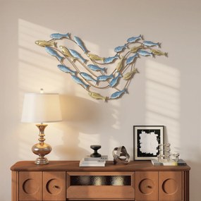 Decoração de parede moderna em metal, escultura de parede em metal com um motivo único de peixe, 100 x 50 cm, azul claro