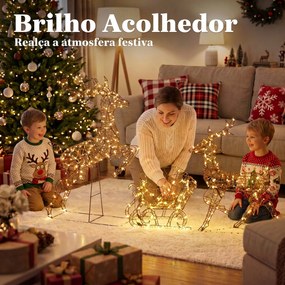 Conjunto de Renas e Trenó de Natal com Luzes, 3 Peças, em Rattan de PP, 240 LED, 8 Modos e Temporizador