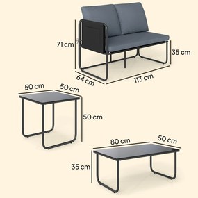 Conjunto de Jardim de 4 peças Móveis de Exterior com 2 Sofás de 2 Lugares 2 Mesas de Vidro Almofadas Capas Removíveis Cinza