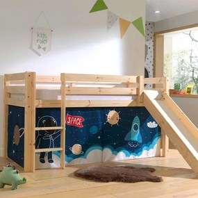 Cama alta de Criança PINO 90 x 200 cm + estrado + escada + escorrega + cortina Espaço Natural