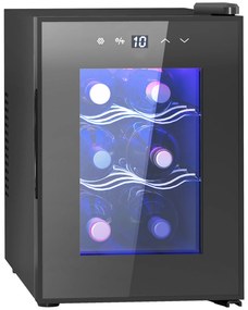 HOMCOM Cave de Vinho para 6 Garrafas com Luz LED Ecrã Tátil Controlo de Temperatura e 2 Prateleiras Ajustáveis 26,5x51,5x39,3 cm Preto
