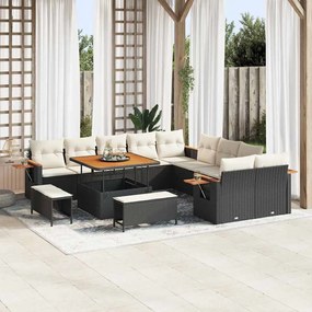 Conjunto de Sofá de Jardim vidaXL com 13 Peças e Almofadas Preto Poliéster Acácia
