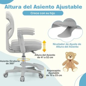 Cadeira de escritório para crianças com apoios de braços, apoio para os pés e rodas universais com altura ajustável 57 x 55 x 80-91 cm Cinza