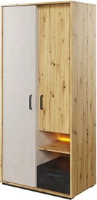 Roupeiro Orlveno 121, Cinzento, Carvalho Artisan, Preto, 195x90x52cm, Portas para roupeiro: Com dobradiças, Número de prateleiras: 6, Número de prateleiras: 6