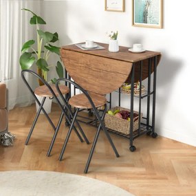 Conjunto de mesa e cadeiras dobráveis ​​de 3 peças, mesa dobrável versátil com 2 prateleiras, 2 bancos para cozinha, sala de jantar, bar, Castanho cla
