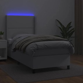 Cama box spring c/ colchão/LED 90x200cm couro artificial branco