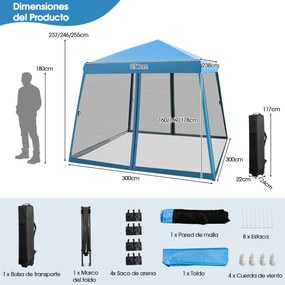 Tenda dobrável instantânea para exterior 3x3m com 4 Sacos de areia, paredes laterais de altura ajustável para jardim ou praia Azul