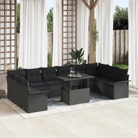 Conjunto de Sofá de Jardim de 11 Peças com Almofadas Preto em Polyratt