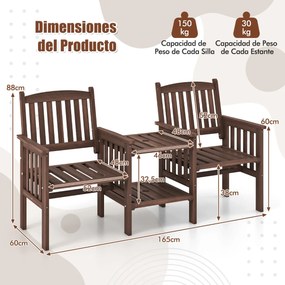Banco de jardim com mesa com 2 níveis e orifício para guarda-sol em madeira de abeto natural castanho escuro