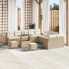 Conjunto de Sofá de Jardim Com 13 Peças com Almofadas Bege Rattan Sintético Acácia