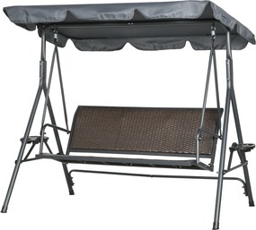 Baloiço de jardim de 3 lugares com teto de inclinação ajustável, porta-copos e tabuleiros, assento e encosto ergonómicos