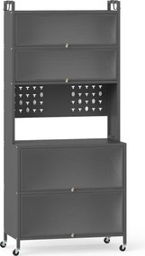 Armário de cozinha 80 x 40 x 178 cm com 6 níveis com prateleiras Portas basculantes Bancada para micro-ondas Cinzento