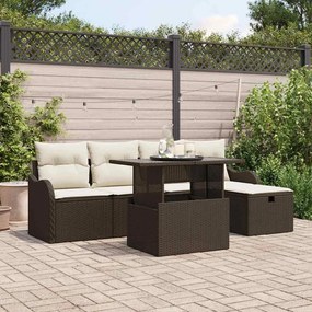 Conjunto de Sofá de Jardim vidaXL 6 Peças com Almofadas de Vime Poliéster Castanho