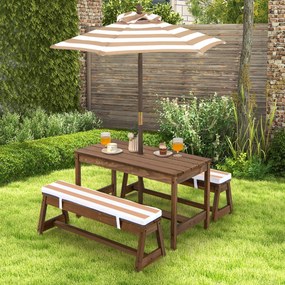 Mesa de piquenique jardim para crianças com guarda-sol com almofadas Castanho