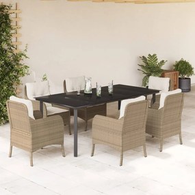7 pcs conjunto de jantar p/ jardim com almofadões vime PE bege