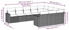 10 pcs conj. sofás jardim com almofadões vime PE cinzento-claro
