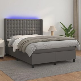 Cama box spring c/ colchão/LED 140x200cm couro artificial cinza