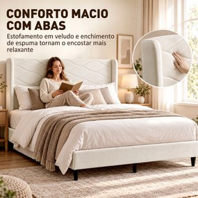Cama Estofada 140x200 cm  (COLCHÃO NÃO INCLUIDO)  com Cabeceira Acolchoada com Abas em Veludo, Ripas de Madeira, Montagem Fácil, Bege