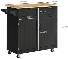 Carrinho de Cozinha com Rodas Móvel Auxiliar de Cozinha com 2 Gavetas 2 Portas Prateleira Ajustável  104x46x91 cm Preto
