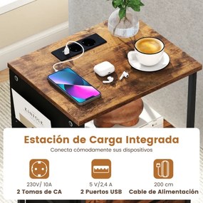 Conjunto de 2 mesas de cabeceira, mesas apoio com carregador USB e Luz LED, com 2 gavetas dobráveis, 38 x 30 x 60 cm, castanho