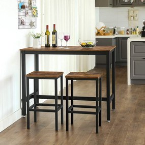 Conjunto Mesa de bar de aspeto industrial com 2 bancos de bar castanho vintage