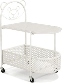 Mesa lateral de vidro móvel moderna de 2 níveis com padrão de urso Cesto de metal Rodas para sala de estar Quarto de estudo Branco