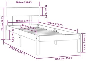 Estrutura de cama 100x200 cm pinho maciço cinzento