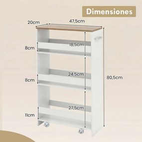 Carrinho de Arrumação Estreito para Cozinha, 47,5 x 20 x 80,5 cm, 4 Níveis, Carvalho+Branco