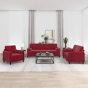 vidaXL 3pcs conj. sofás c/ almofadas/almofadões veludo vermelho tinto