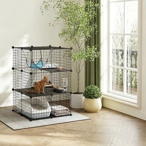 Gaiola Interior para Gatos de 3 Níveis em Aço com 3 Portas, 2 Escadas e Rede, 70x70x105 cm, Preto