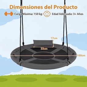 Baloiço redondo para crianças de 100 cm com correias ajustáveis, apoio de cabeça macio e alças, para uso interior e exterior, capacidade de 150 kg, a